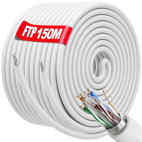 Soibke Cable Ethernet 150m Blindé, RJ45 150m Câble Réseau Exterieur Etanche | Intérieur | AWG 23, FTP PIMF, Anti-interférence, Ignifuge, Exterieur Etanche, Haut Debi Gigabit CAT 6 | (Blanc, 150 mètres)
