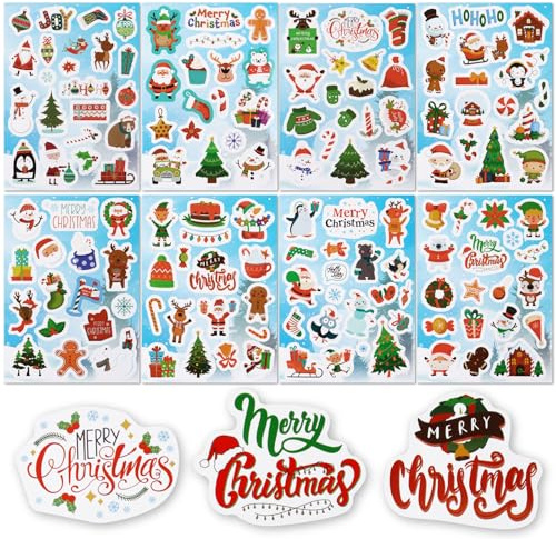 BETESSIN Aufkleber Weihnachten - 284 Stück Weihnachtssticker mit niedlichen Weihnachtsmotiven - Weihnachtsaufkleber zum Gestalten von Weihnachtskarten, Adventskalender, Scrapbook, Fotoalben