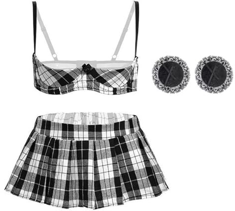 Tolnecty Womens Sexy Strappy Adjustable Quarter Cup Bra Plaid Skirt Set with Nipple Covers and Thong Shorts Nightwear Nightdress for Cosplay