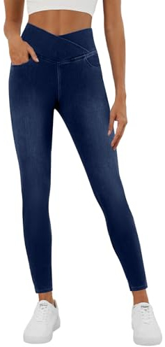 COPYLEAF Stretchy Jeans for Women Trendy Butt Lifting Leggings with Pockets Crossover Waisted Jeggings Pull on Skinny Jeans Dark Wash