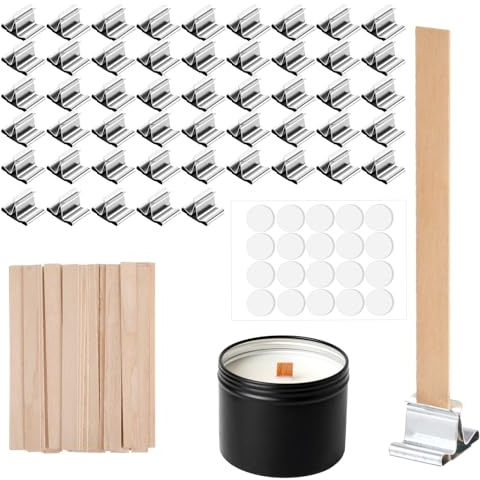Nogeqi 150 Stück Holzdochte Für Kerzen, Holz Kerzendochte, Kerzen Docht Holzdocht Holz Kerzendocht Mit 50 Pcs Eisenständer Für DIY Kerzenherstellung Handwerk (50 Sätze)