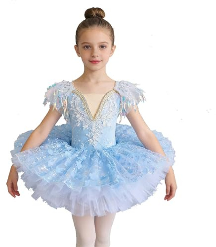 Vestido de tutú de ballet para niñas para actuaciones en el escenario con falda fluida y parte superior, azul, 8-9 años