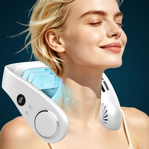 Kouric Ventilador de Cuello con Aire acondicionado Silencioso,5 Velocidades,5500mAh,Pantalla LED para Batería y Velocidad,Hasta 24 Horas,Portatil para Viajes, Oficina, Deportes y Exteriores-Blanco