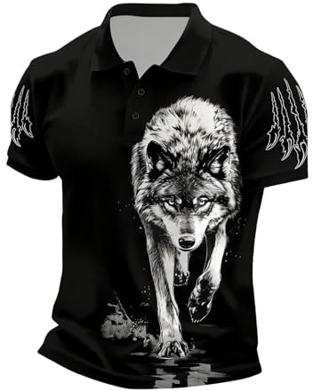 Men's Wolf Printed Polo Shirt Vintage Viking Motif Sports Shirt with Stretch Quick-Drying Hiking Shirt Lightweight Breathable Functional Shirt Outdoor Training Clothing