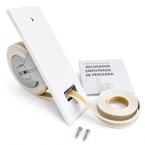 Recogedor de Persiana Empotrado con Cinta Bicolor 18 mm Incluida y Frontal Aluminio Blanco, Mecanismo 18,8 x 4,8 x 11 cm, Tornillos y Guía, Enrollador Embutir/Encastrar