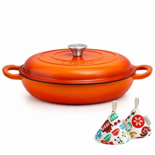 Crystals 4L Enamelled Cast Iron Shallow Casserole Dish with Lid – Hob to Oven Dutch Oven, Round Non-Stick Braising Pan for Roasting, Slow Cooking, Baking, Induction & All Hob Types, Orange