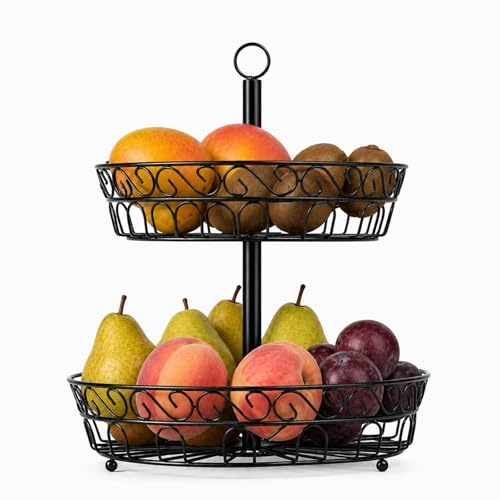 CaitongX Obst Etagere 2 Etagen – 24x40cm Obstschale aus Metall, Moderner Obstkorb für länger frisches Obst, Schwarze Obstablage für Küche, Wohnzimmer, Party