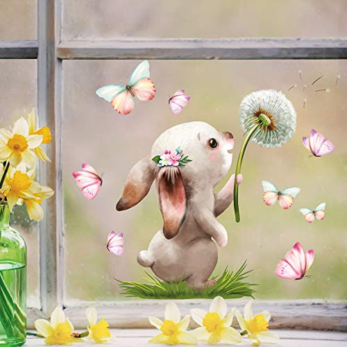 Wandtattoo Loft Fensterbilder Frühling Hase mit Pusteblume Motiv – A3 Bogen, Wiederverwendbar – Frühlingsdeko Fenster, Frühlingsbild Fenster, Fensterdeko Frühling, Fensterfolie Frühling Selbstklebend