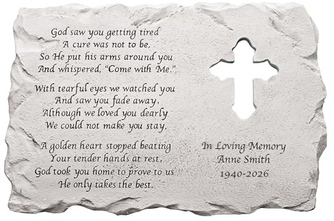 Let's Make Memories Personalized Cross Memorial Stone - Sympathy Condolences - Grave Marker - Durable Indoor/Outdoor Resin Garden Stone - Laser Engraved Verse + Custom Message - Cross Cutout