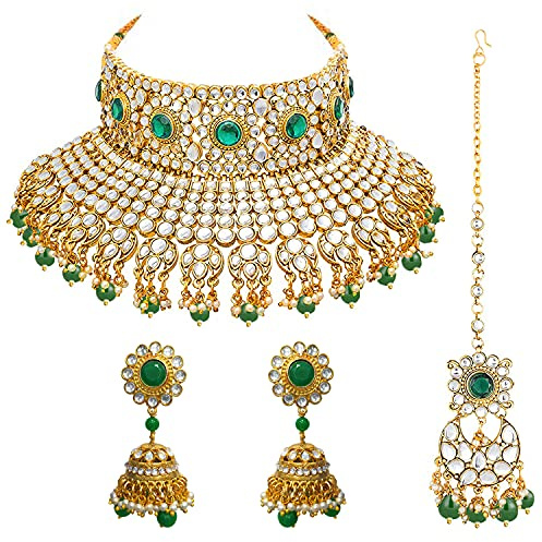 Aheli Ethnic Kundan Pearl Bridal Choker Necklace Earrings with Maang Tikka Gift for Women Traditional Bollywood Fashion Bharatanatyam jewellery Set
