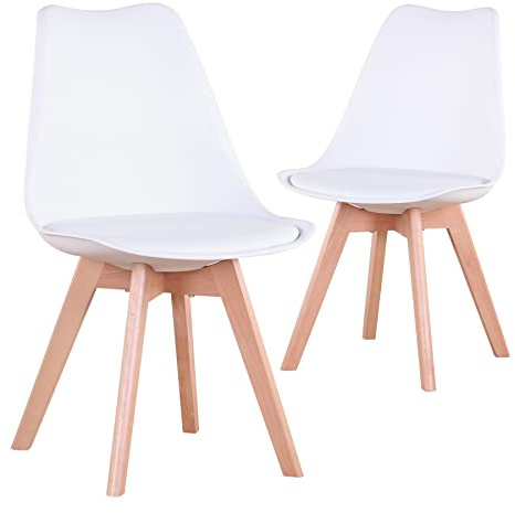 BenyLed Juego de 2 Sillas de Comedor Modernas con Asiento Tapizado y Patas de Madera de Haya Ideales, Blanco