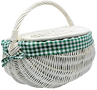 MyBer® Weidenkorb Einkaufskorb Picknickkorb Stabiler Tragekorb rund aus Weide geflochten mit 2 Deckeln und Stoffeinlage K1-615-O-W-SGW