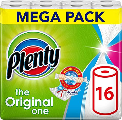 PLENTY Kitchen Towel, 16 White Rolls, 1600 Sheets of Kitchen Roll, 2-Ply Tissue