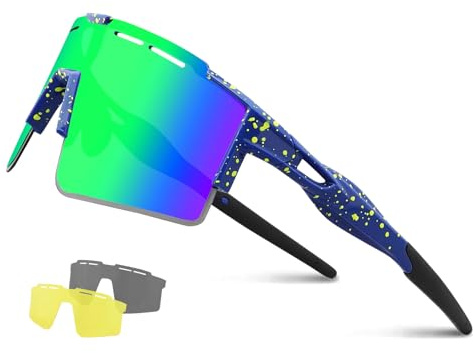 OULIQI Fahrradbrille Polarisierte Sonnenbrille, Sportbrillen Herren Damen TR90 Unbreakable mtb，UV400 Schutzbrille Sportbrille Schnelle brille mit 3 Wechselgläser für Radfahren Laufen Golf Baseball