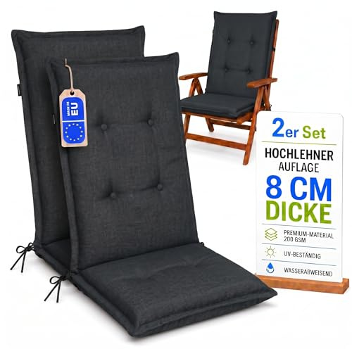 Pillows24 Hochlehner Auflagen 2er Set 120x50x8cm, Wasserabweisend & UV-fest | Premium-Material 200gsm, Extra dicke Polsterung 8 cm, Sitzauflagen Hochlehner, Sitzkissen Gartenstuhlauflagen, Graphit