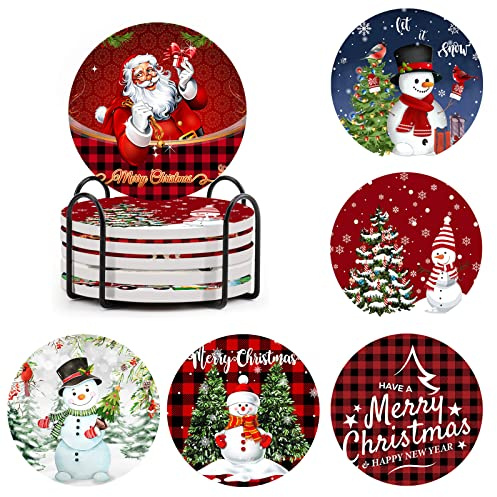 JYCRA 6 Stück Keramik-Untersetzer für Weihnachten, 10,2 cm Getränkeuntersetzer-Set mit Halter, Weihnachtsstil, Kaffee-Untersetzer, rutschfester Tee-Untersetzer