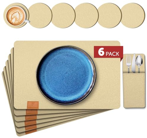 shinfly Tischsets Filz Platzsets Abwaschbar 18er Set, Hellgelb 44x31cm | Abwischbare Platzdeckchen mit Untersetzern und Bestecktaschen, Hitzebeständig und Rutschfest für Küche und Esstisch