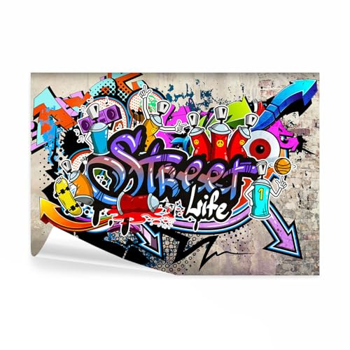 decomonkey - Papier Peint Panoramique Adhésif Graffiti 343x256 cm - Stickers Muraux Salon Chambre Déco XXL Autocollant Bureau - Gris rouge jaune - Fond mural urbain coloré graffiti artistique