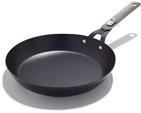 OXO Outdoor Pre-Seasoned Carbon Steel 12 Frying Pan Skillet, Detachable Handle for Easy Storage, Indoor Use, Nonstick with Use, Induction Suitable,Oven & Broiler Safe,Browning, Grill,Sear,Saute,Black
