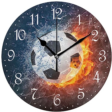 Mnsruu Wall Clock Football Fire Silent Non-Ticking Decorative Wall Clocks Battery Operated 25x25cm for Kids Boys Room Bedroom