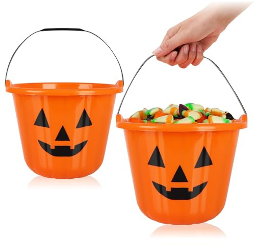 com-four® 2X Halloween Kürbis Candy Bag Eimer XL, Kunststoff-Eimer | Sammel-Tasche mit Henkel für Halloween