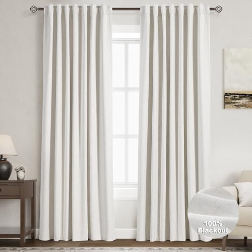 Nanspring 100% Blackout Linen Curtains 84 Inch Length 2 Panels Set for Bedroom Cream Ivory Black Out Curtain for Living Room Back Tab Neutral Boho Modern Farmhouse Decor Natural Luxury Drapes 52x84