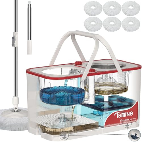 RinseWise Mop Bucket Separate Dirty Water, Spin Mop Bucket System, 4-Chamber Mop and Bucket with Wringer Set Cleaning Supplies with 3 Microfiber Replacement Head Refill - White | 2 Gal Clean-Water Capacity, 4 Rolling Wheels, 61-Inch Handle, 6 Reusable Heads, For Pet Homes,Hardwood,Laminate & Tile Floors