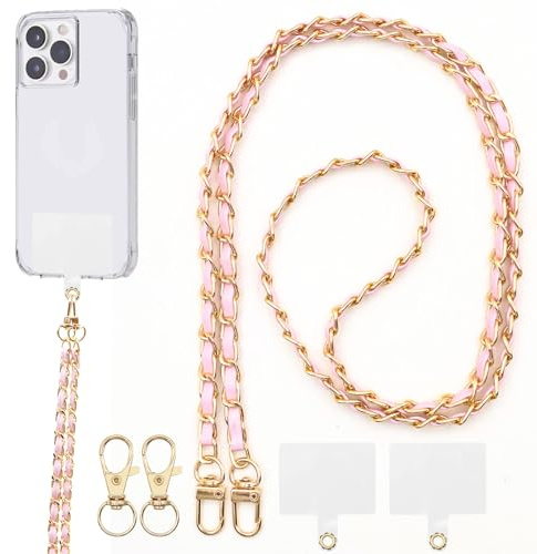 BORISCA Chaine Telephone Portable, Chaine de Telephone avec 2 Patchs de Rechange + 2 Fermoirs de Remplacement Laniere Telephone Cuir Pu Cordon Téléphone Universel pour les Smartphones