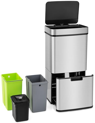 COSTWAY 72L Automatic Kitchen Bin, Touchless Motion Sensor Bin with Removable Kitchen Waste Bin, 2 Bottom Recycling Bins & Soft Closure Lid, Anti-Fingerprint Stainless Steel Smart Garbage Trash Can