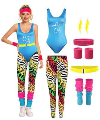 galeeup 80er-Jahre-Trainingskostüm für Damen, Aerobic-Trikot, komplettes Zubehör, Yoga-Set, Stirnband, Armbänder, 7-teilig, Blau, XL