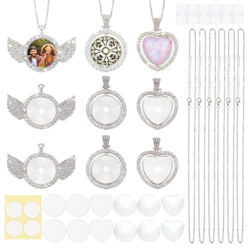 PH PandaHall 6 Sets Sublimation Halskette Blank, 3 Stil Strassstein Lünette Tabletts Doppelseitige Blanko-Anhänger Charms mit 6 Sublimation Rohlinge und 6 klare Cabochons für Halskette machen