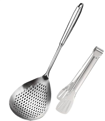 Mestolo scolapasta in acciaio inox, cucchiaio multiuso con clip, cucchiaio per frittura resistente, 41 x 13 cm, per cuochi e chef domestici (1 set)