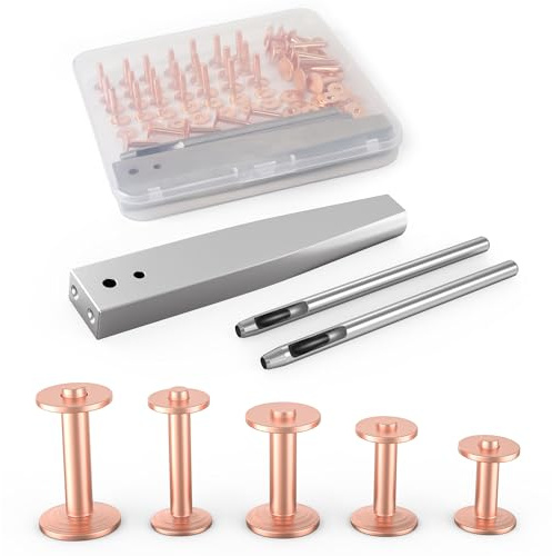 Funria 60 Stück Ledernieten mit 5-Größen Kupfernieten und Grate-Set Glatte Ledernieten mit 2 Stanznieten für DIY Dekoration und Befestigung von Gürtel Geldbörsen Halsketten Leder