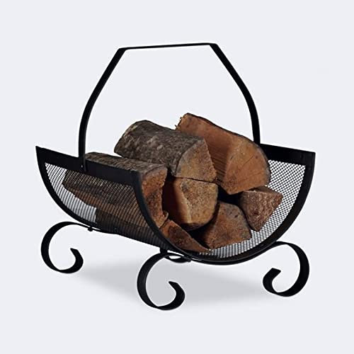 Portalegna per legna da ardere con manico, piccolo, altezza 39,9 cm, supporto per interni/esterni, per legna da ardere, maglia in ferro battuto, facile da montare