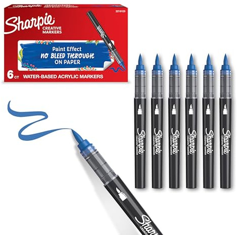 Sharpie Rotuladores acrílicos creativos Marcadores con punta de pincel base agua | Escribe en la mayoría de superficies | Materiales de arte y manualidades | Azul | 6 Piezas