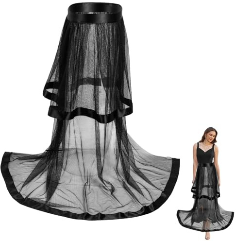 CABODYALS Falda Larga de Tul Negro de Doble Capa de 110cm Tutú de Malla Transparente Maxifalda de Poliéster de Cintura Alta Falda de Encaje de Bikini Desmontable para Mujer Vestido para Boda Fiesta R