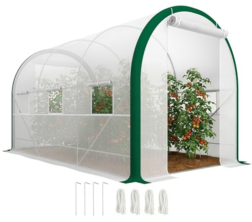 Outsunny Foliengewächshaus 3,58 x 2,1 x 2,1 m mit Rolltür, Fenster, Weiß | Tomatenhaus, Treibhaus, Tunnel Gewächshaus, Pflanzenhaus, für Garten Balkon, Verzinkter Stahl