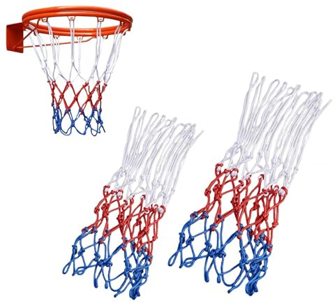 Robustes Basketballnetz-Ersatz, 12 Schlaufen, geflochtenes Nylon-Basketballnetz, passend für Standard-Reifen drinnen oder draußen, stark und langlebig (rot/weiß/blau), 2 Stück