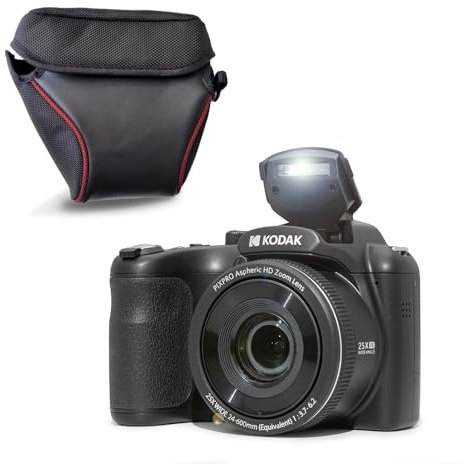 KODAK Pixpro AZ255 Cámara Bridge 16MP, Zoom Óptico 25x, Full HD 1080p, Gran Angular 24mm, Estabilizador, Pantalla LCD de 3, Funda Incluida - Ideal para Viajes - Negro