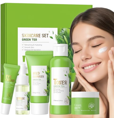 BeauBase Tè Verde Kit Cura Della Pelle Donna, 5 pezzi , Set Skincare Purificante e Idratante, con Detergente Tonico Contorno Occhi Siero Crema Viso, Set Regalo Cura Pelle per Adolescenti Ragazza