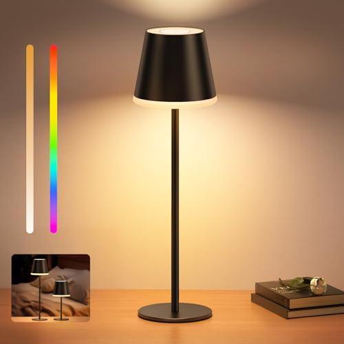 VIWAVE Lampada da tavolo senza fili ricaricabile,5200 mAh dimmerabile Lampada da comodino con luce calda e RGB,Altezza regolabile & IP54 resistente agli schizzi per esterni, camera,cena,giardino