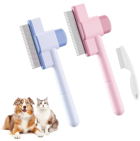 Esoes 2er Set selbstreinigende Katzenbürste Großer und Kleiner Edelstahl-Kamm für lose Haare bei Katze und Hund für Kurz- und Langhaar mit Reinigungstaste