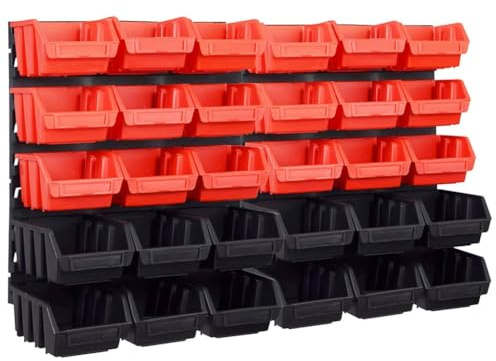 Makastle Kit de Bacs de Stockage et Panneaux Muraux 32 pcs, Compartiments Porte-Outils et Support Outils Atelier, Montage Mural, Rouge, Noir350x382x18 mm Plastique