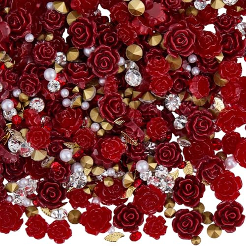 SOFPLATE 1 boîte de 150 breloques à Ongles en Forme de Rose Rouge en Résine 3D pour Décorations D'Ongles Strass à Dos Plat Perles pour la Saint Valentin Accessoires de Manu pour Femmes Loisirs Créatif