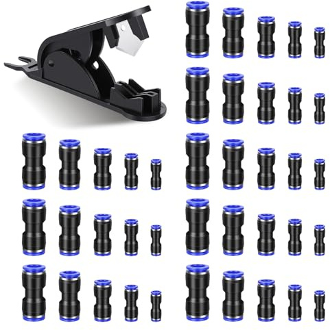 100PCS Quick Connect Air Hose Fittings, 5/32, 1/4, 5/16, 3/8, 1/2 inch Push to Connect Fittings, Straight Push to link Quick Release Pneumatic Connectors, with 1 Tube Cutter