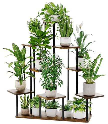 Bamworld Large Plant Stand Indoor, 9 Tier Tall Metal Plant Shelf for Multiple Plants, Tiered Flower Stand for Patio Garden Balcony Living Room Bedroom(Brown)