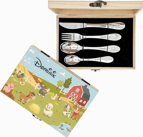 Personalisierte Holzbox inkl. Kinderbesteck mit Gravur, 5-teilig | Mit Namen, verschiedene Motive, Baustelle, Prinzessin, Fußball, Geschenk zur Taufe, Geburt oder Geburtstag, Bauernhof