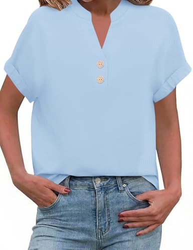 PASUDA Camicia Estiva Donna Blusa Lino Elegante Camicetta Manica Corta Camicia Scollo a V Button Down Camicia Tinta Unita Classico Top Estive T Shirt(Azzurro,XL)