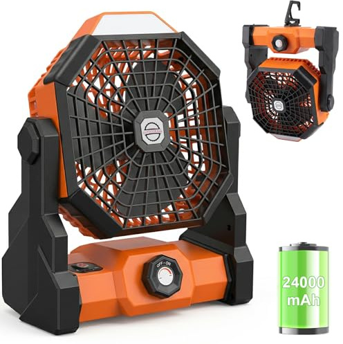 Qoosea Ventilador de Camping 3 en 1 Ventilador USB-C para Tienda de Campaña, 24000mAh Recargable Ventilador Portátil de Techo o de Sobremesa con Luz LED y Gancho para Exterior Pesca Coche Oficina BBQ