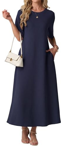 GRECERELLE Vestido de verano para mujer, cuello redondo, maxi vestido con bolsillos, manga corta, informal, línea A, vestido casual para mujer, vestido largo suelto